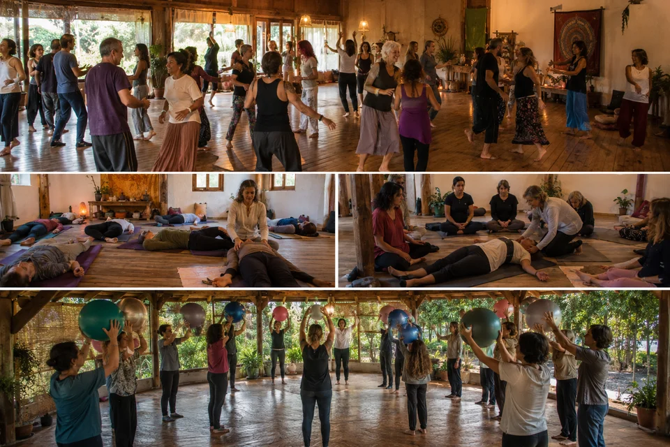 Participantes del retiro holístico de biodanza disfrutando experiencias de sanación y bienestar