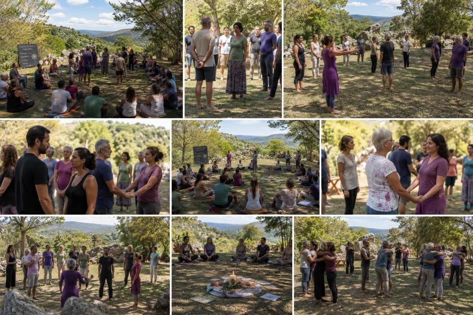 Participantes del retiro holístico de flores de bach disfrutando experiencias de sanación y bienestar