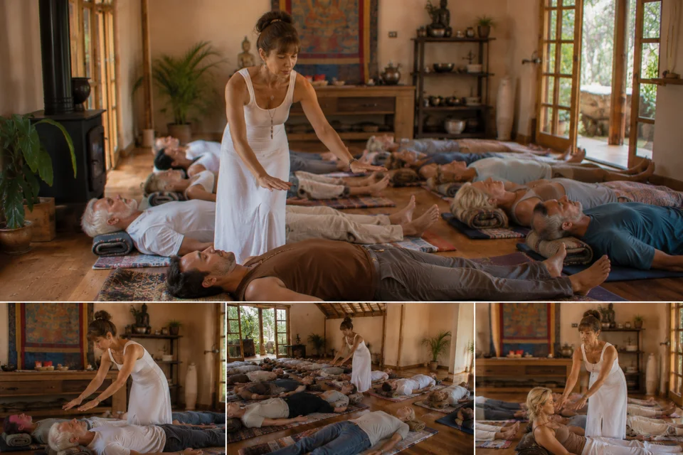 Participantes del retiro holístico de meditación disfrutando experiencias de sanación y bienestar