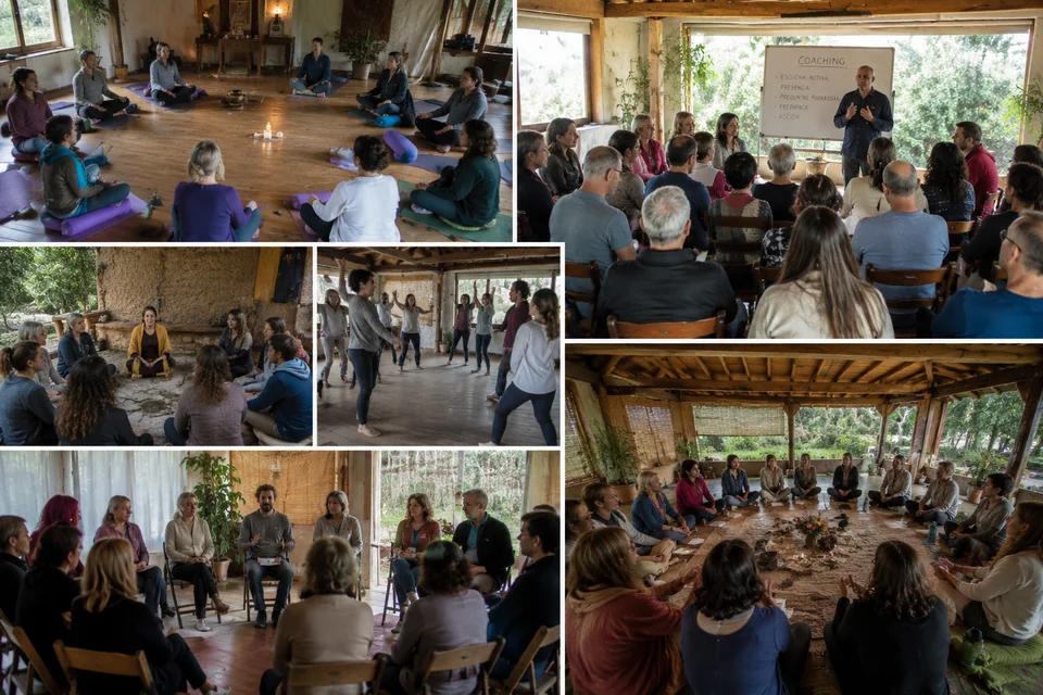 Participantes del retiro holístico de tarot disfrutando experiencias de sanación y bienestar
