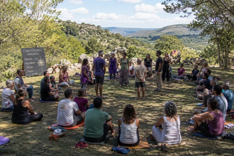 Participantes del retiro holístico de meditación disfrutando experiencias de sanación y bienestar