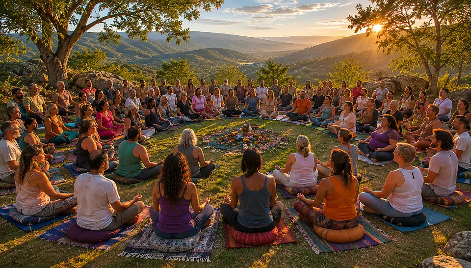 Participantes del retiro holístico de musicoterapia disfrutando experiencias de sanación y bienestar