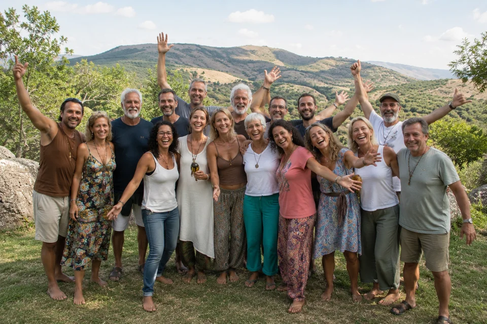 Participantes del retiro holístico de musicoterapia disfrutando experiencias de sanación y bienestar